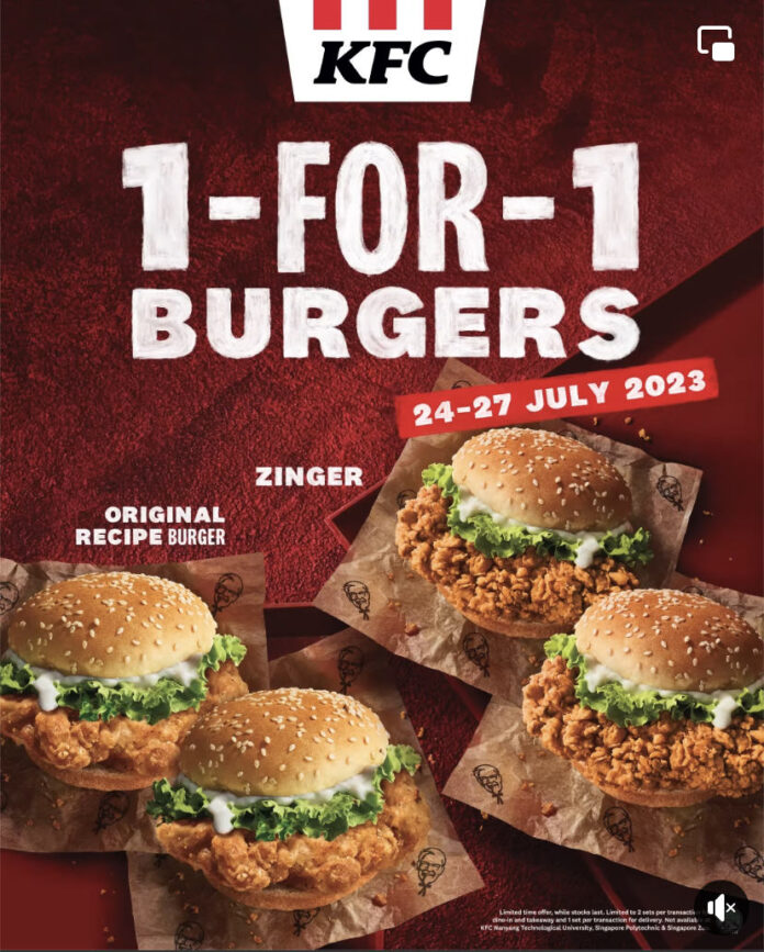 kfc singapore 1 for 1 burger promotion july 2023