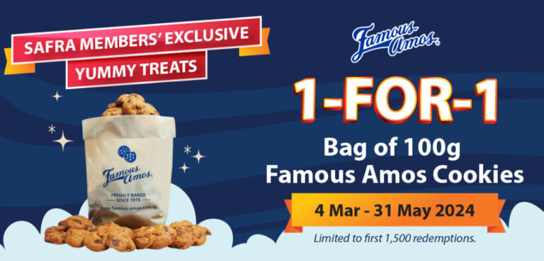 famous Amos singapore 1 for 1 cookies promotion with SAFRA